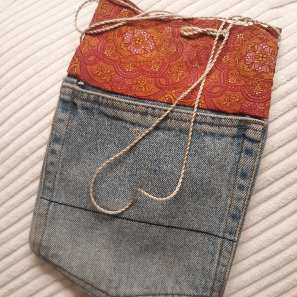 Custom hand made crossbody pink/orange and denim small bag - Picture 2 of 3